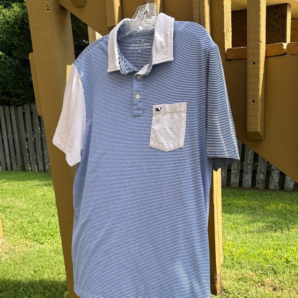 Blue and White, light Pink Striped Men's Polo Shirt - Medium VINEYARD VINES